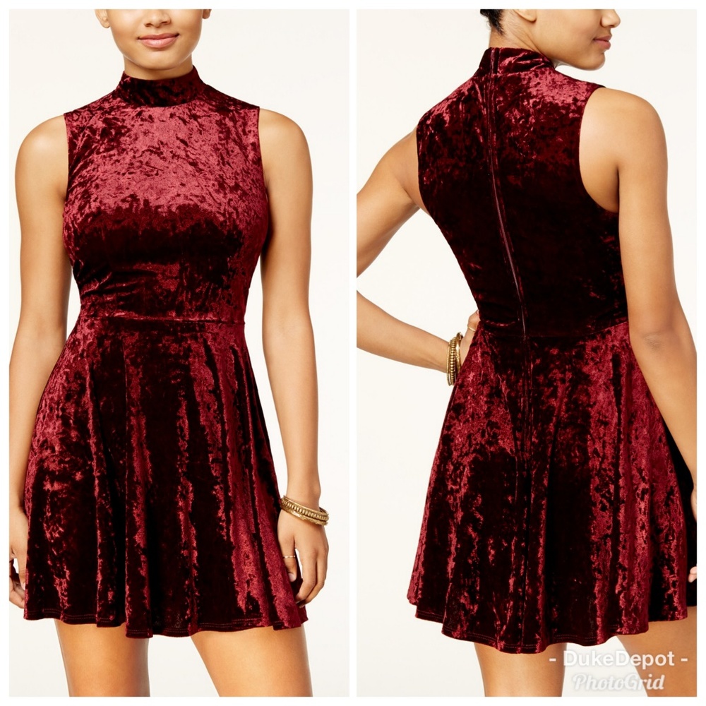 Juniors' Velvet Fit & Flare Dress, Dark Wine